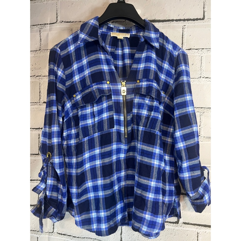 Michael Kors Womens Blue Plaid Quarter Zip Roll Tab Sleeve Top Size Large